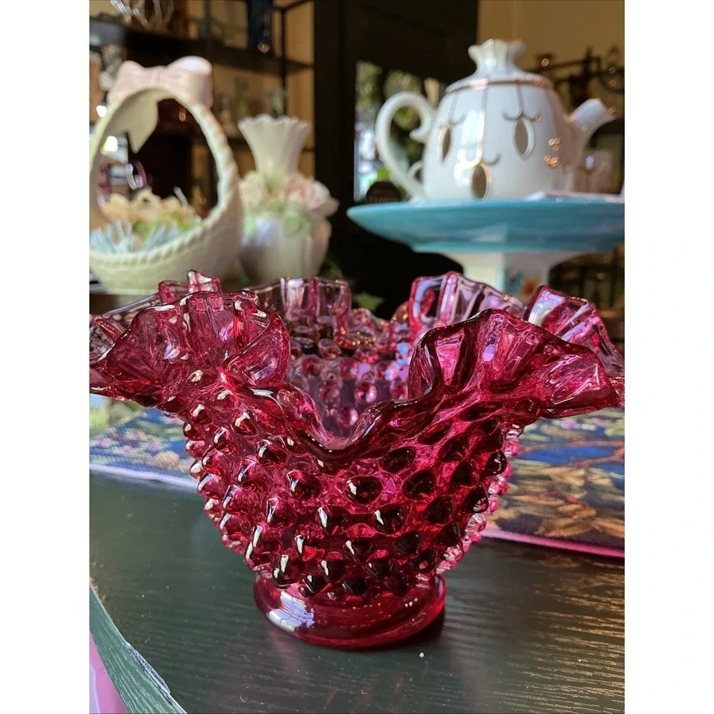 Vintage Fenton Cranberry Pink Hobnail 6.5
